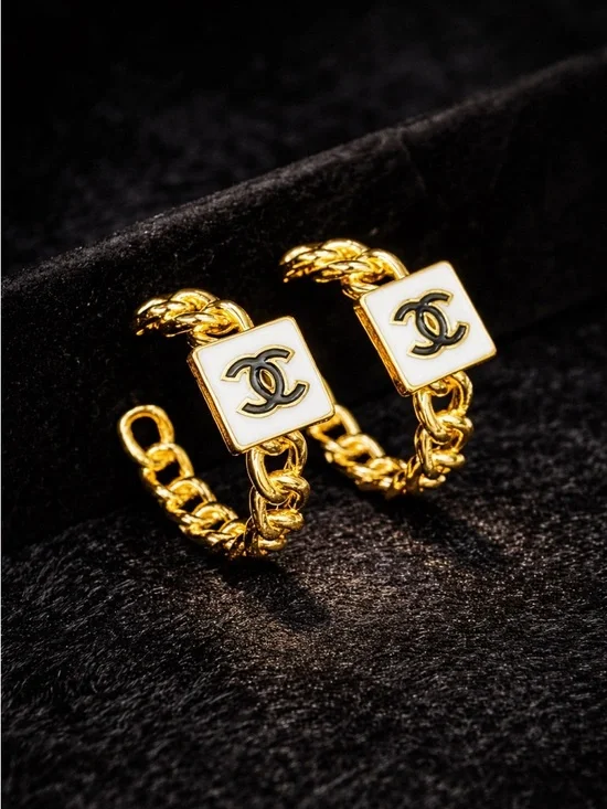 Luxury 18K Gold and White Chain Hoop Earrings with Chanel Logo Plaques - Picture 1 of 7